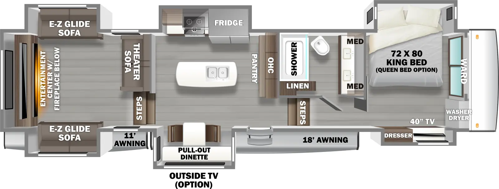 The 419RD has 6 slideouts and one entry. Exterior features an 11 foot awning, and 18 foot awning, and an optional outside TV. Interior layout front to back: wardrobe with washer/dryer, off-door side king bed slideout (optional queen bed), and door side slideout with dresser and TV; off-door side full bathroom with dual sinks and medicine cabinets, and linen closet; steps down to main living area and entry; pantry and overhead cabinet along inner wall; kitchen island with sink; off-door side slideout with refrigerator, cooktop, and microwave; door side slideout with pull-out dinette; steps up to rear living room with theater sofa along inner wall, opposing E-Z glide sofa slideouts, and rear entertainment center with fireplace below.